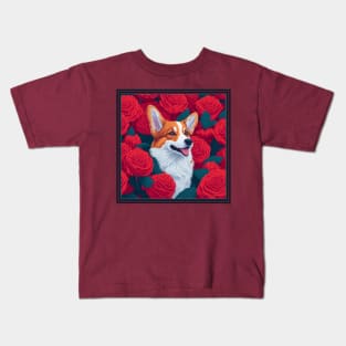 Dogs, corgi and flowers, dog, style vector (red version corgi) Kids T-Shirt